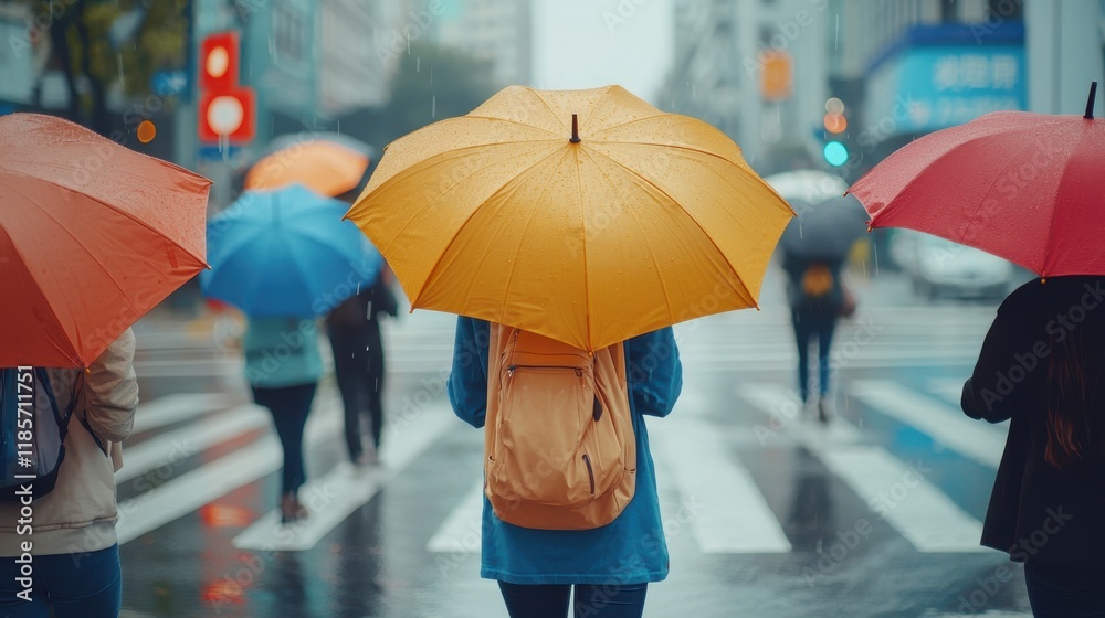 Obraz premium A group of people crossing a busy city street on a rainy day, holding colorful umbrellas. The scene captures the essence of urban life and adaptation to weather changes.