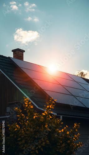 Black solar panels on a house roof gathering sun energy in autumn, realistic, with white tones