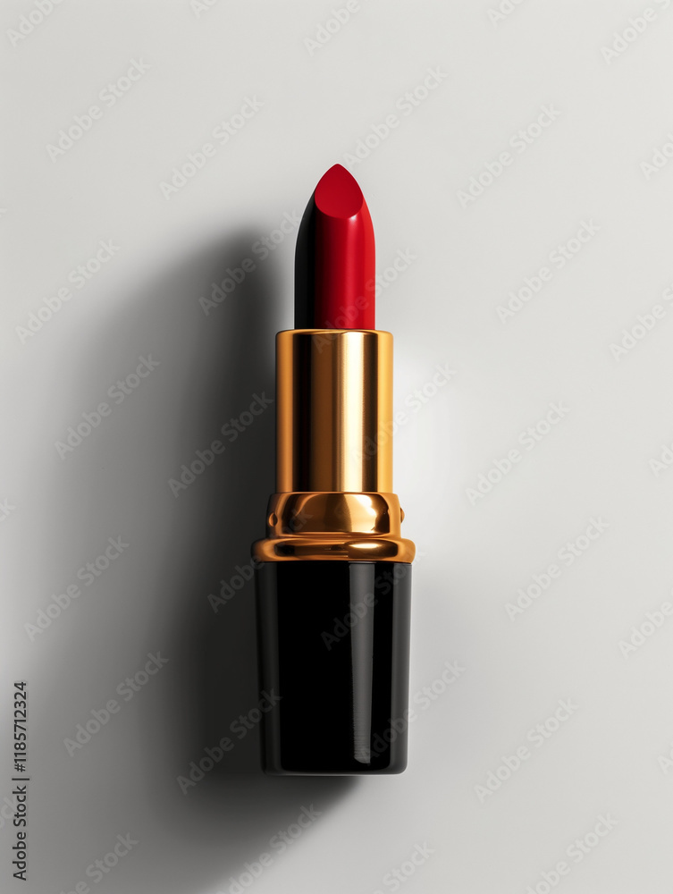 Close-up of a red lipstick tube with a gold and black casing on a white background Close-up of a red lipstick tube with a gold and black casing on a white background