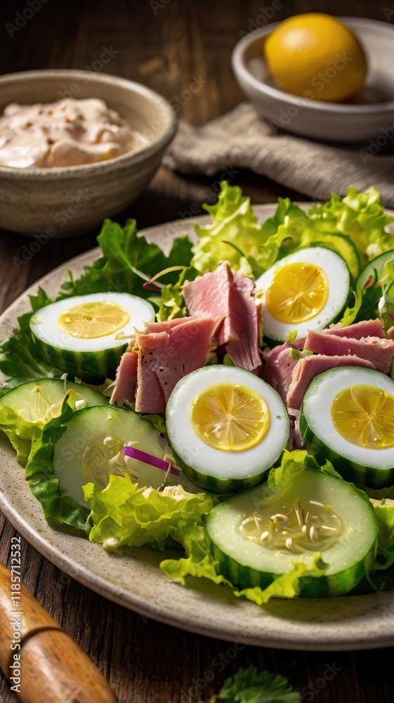 Fresh Tuna Salad in Lemon Halves with Eggs, Cucumber, and Creamy Dressing – Rustic Plate Close-Up Fresh Tuna Salad in Lemon Halves with Eggs, Cucumber, and Creamy Dressing – Rustic Plate Close-Up