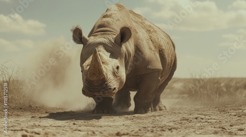 A large rhino charges forward, kicking up dust on a dry, dusty path.