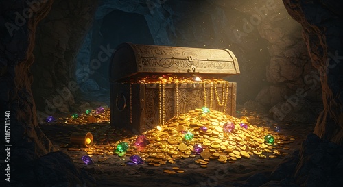 Treasure Chest Gold Coins Gems Cave Riches Fortune Mystery Adventure Wealth Fantasy