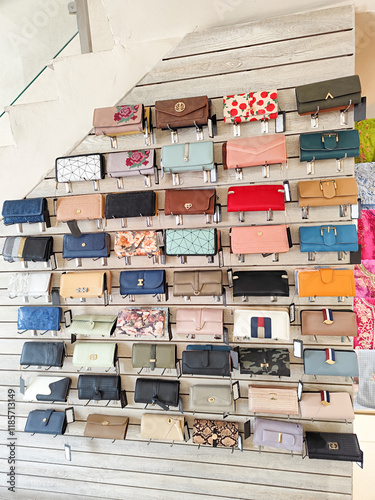 Leather and fabric bags of different colors exhibited in the modern shopping mall or market