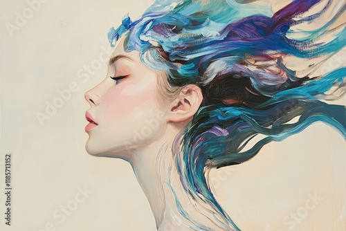 Woman with flowing colorful hair in a profile portrait, showcasing artistic expression, beauty, and creativity in contemporary digital art or painting.