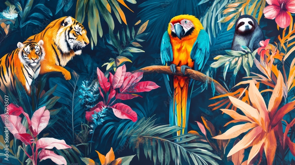 Obraz premium Vibrant jungle scene featuring exotic animals and lush flora tropical rainforest digital art vivid colors wildlife conservation