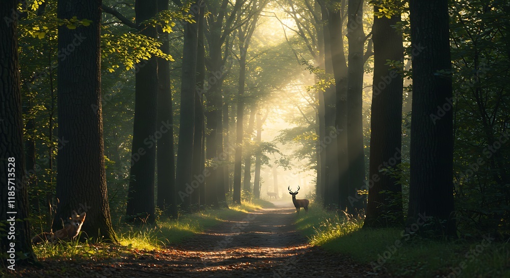 Naklejka premium Majestic Deer in Sunlit Forest Path Magical Sunrise Nature Photography