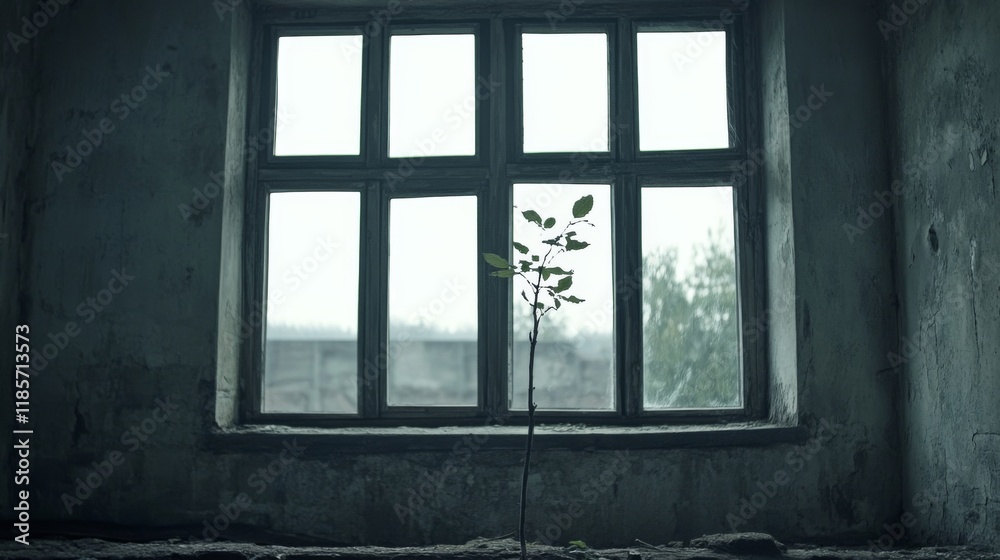A small plant sprouts in a weathered window of an abandoned building, symbolizing resilience and new life amidst decay. A small plant sprouts in a weathered window of an abandoned building, symbolizing resilience and new life amidst decay.