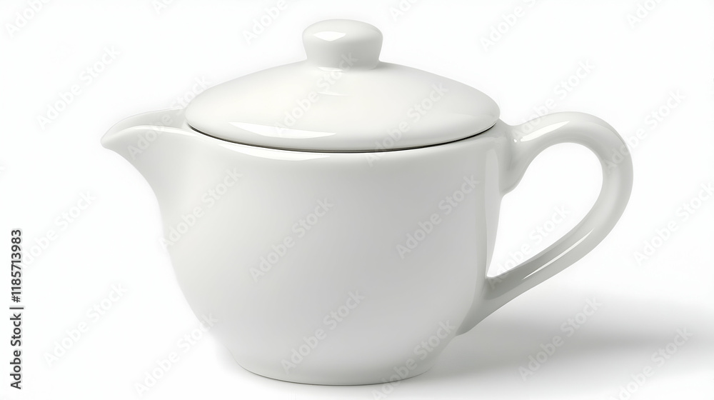 White ceramic creamer sits on white background, studio shot, for restaurant or cafe menu. White ceramic creamer sits on white background, studio shot, for restaurant or cafe menu.