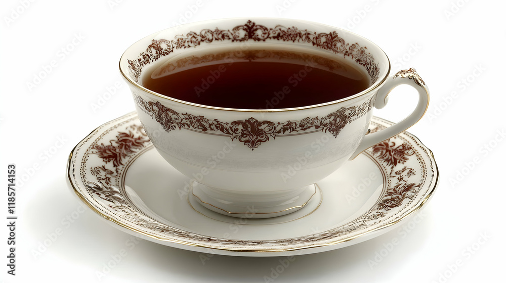 Elegant teacup filled with dark tea, on saucer, white background, perfect for beverage advertisements Elegant teacup filled with dark tea, on saucer, white background, perfect for beverage advertisements