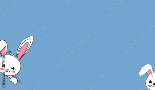 Two adorable cartoon bunnies peek out from the corners of a plain blue background, creating a sweet and playful composition perfect for a cheerful design,