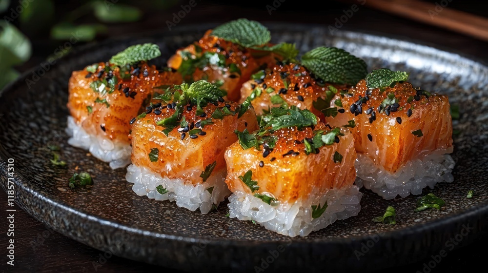Elegant Salmon Sushi with Sesame Seeds and Fresh Herbs Elegant Salmon Sushi with Sesame Seeds and Fresh Herbs