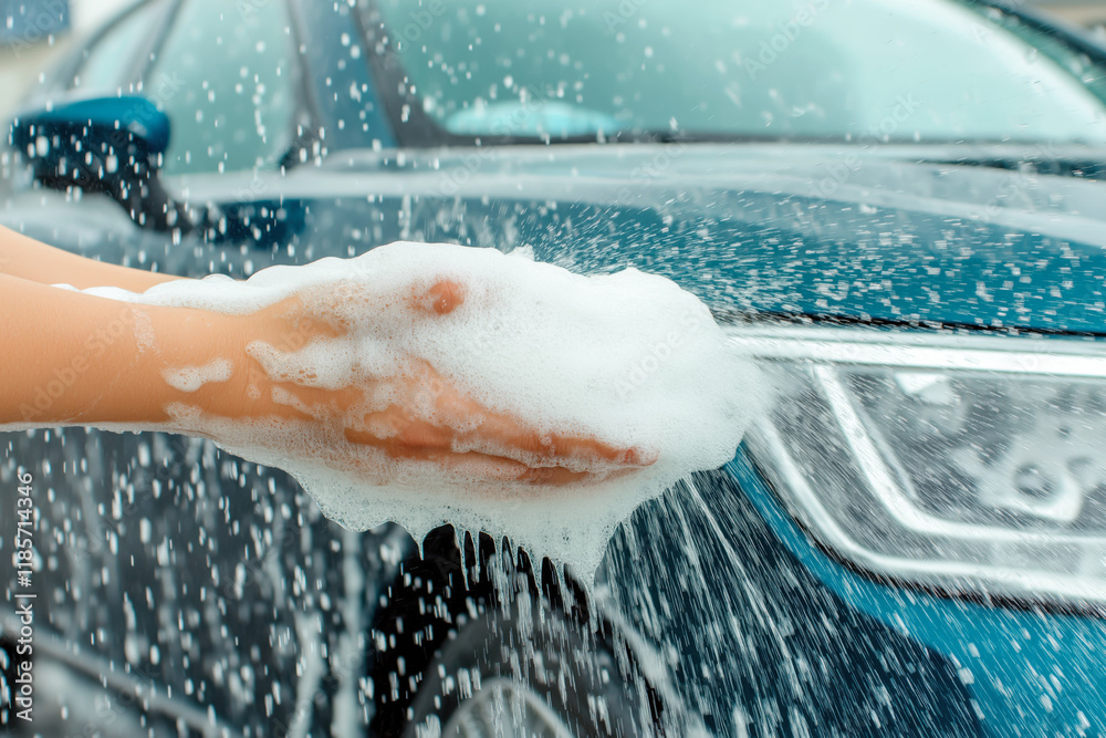 Fototapeta premium Hands with soap washing a car with pressurized water. Woman washing car with soap and water in self-service car wash