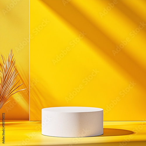 Minimalist white podium on a bright yellow background with green palm leaves, perfect for tropical product presentations or vibrant branding concepts. 