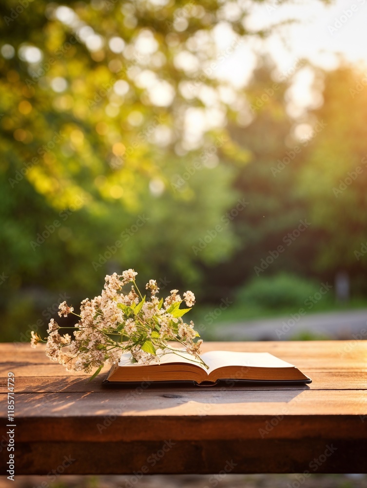 Fototapeta premium Open book with flowers resting on a wooden table in a sunlit garden setting