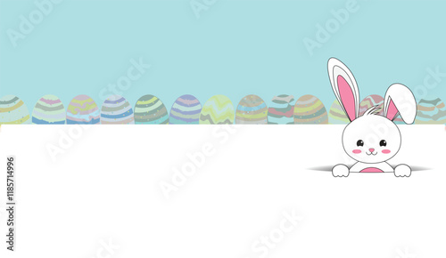 A Cute Easter Bunny Peeking Out from Behind a Blank Sign, with a Background of Colorful Striped Easter Eggs on a Soft Blue Background