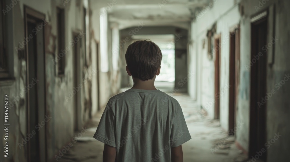 Naklejka premium Boy standing alone in a dilapidated hallway, looking towards a light source.