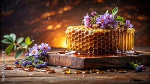 A dripping honeycomb in a warm and cozy beehive is set against a rich brown background, with a few periwinkle-hued flowers scattered around, cozy, natural photo