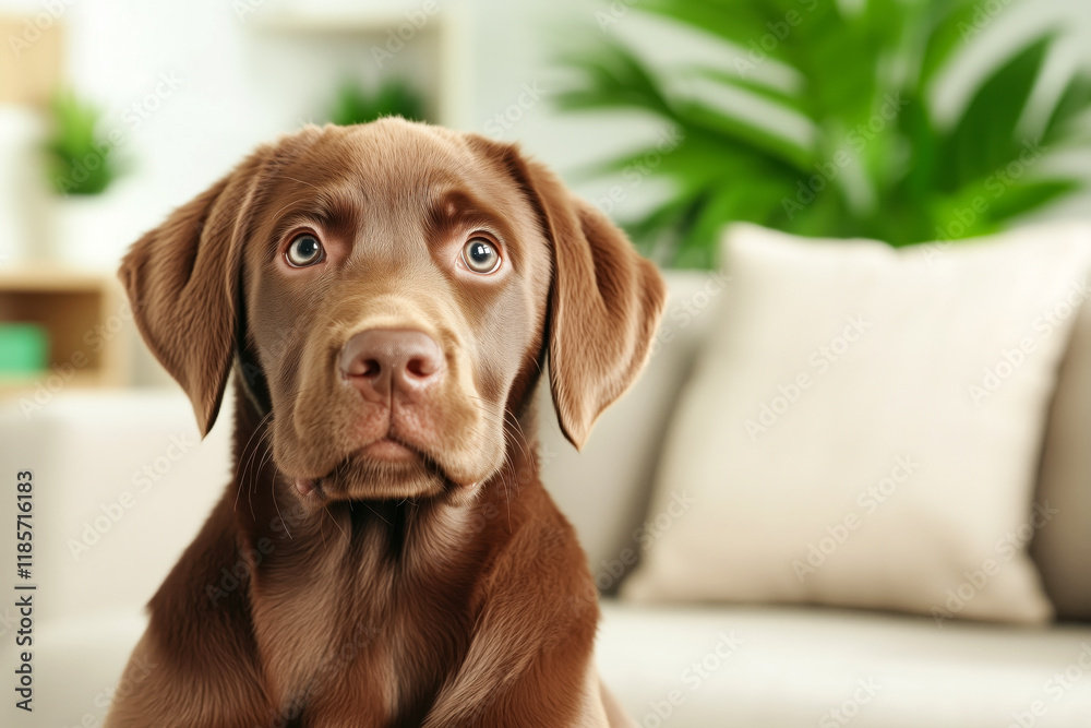 Chocolate labrador retriever puppy relaxing at home Chocolate labrador retriever puppy relaxing at home