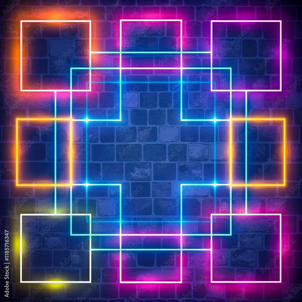 Glowing neon light frame on brick wall creating a vibrant and futuristic backdrop Glowing neon light frame on brick wall creating a vibrant and futuristic backdrop