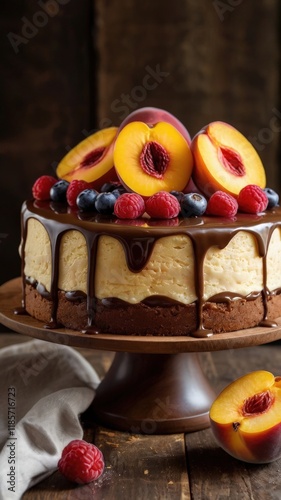 Chocolate Sponge Cake with Juicy Peach Filling – Decadent Dessert on a Rustic Wooden Board  photo