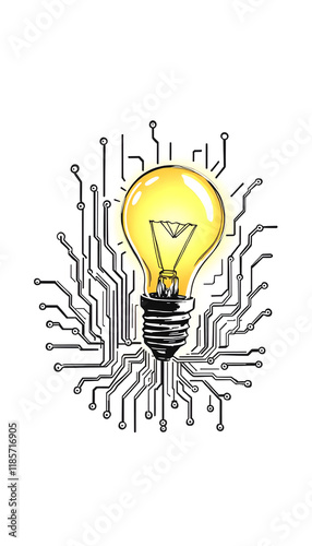Glowing Light Bulb Over Circuit Board, doodle art, with white tones