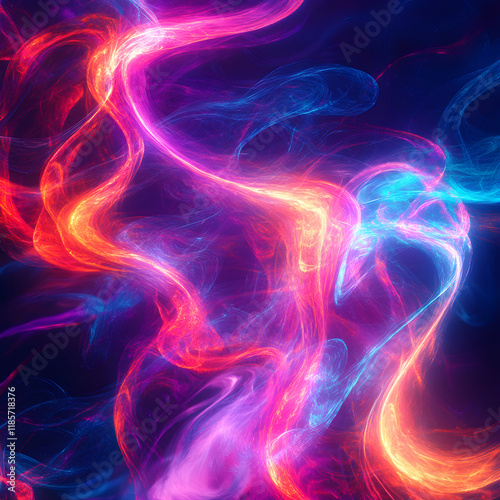 Luminescent Ion Dance: Neon Colors in Harmonious, Abstract Swirls of Electric Paths