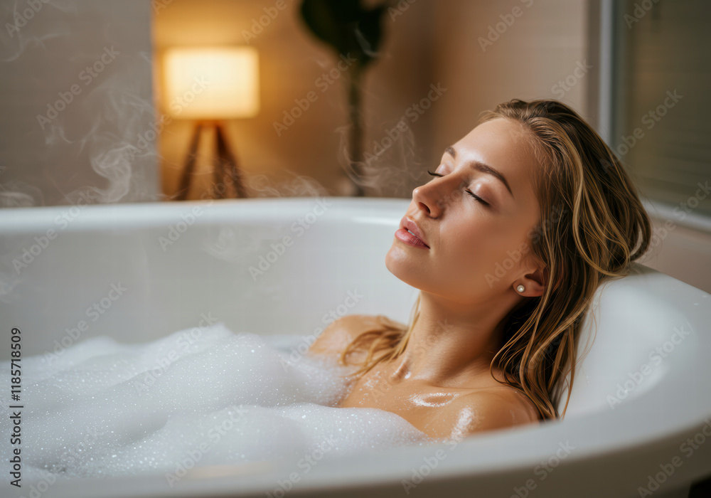 Naklejka premium Young Caucasian Woman Relaxing with Closed Eyes in Bubble Bath at Home
