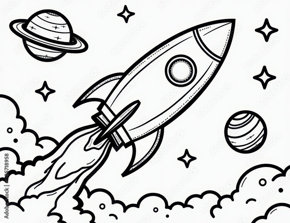 Fototapeta premium Coloring page of a rocket ship blasting off into outer space with planets and stars. you can print it 