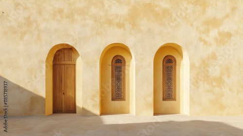 Three arched openings, a door and two windows, in a pale yellow stucco wall.