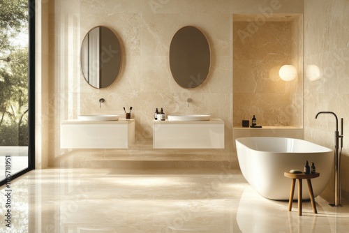 The bathroom is a large, open space with a white tile floor and a white bathtub