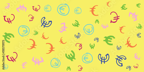 Colorful Hand drawn doodle of a Euro symbol pattern on a yellow background. Currency symbols pattern 