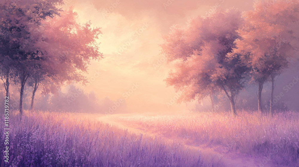 Dreamy Landscape with Pink Trees and Purple Field Dreamy Landscape with Pink Trees and Purple Field