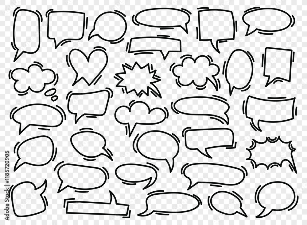 Fototapeta premium Doodle chat icon in hand drawn style. Cartoon bubbles vector illustration on isolated background. Talk frame sign business concept.