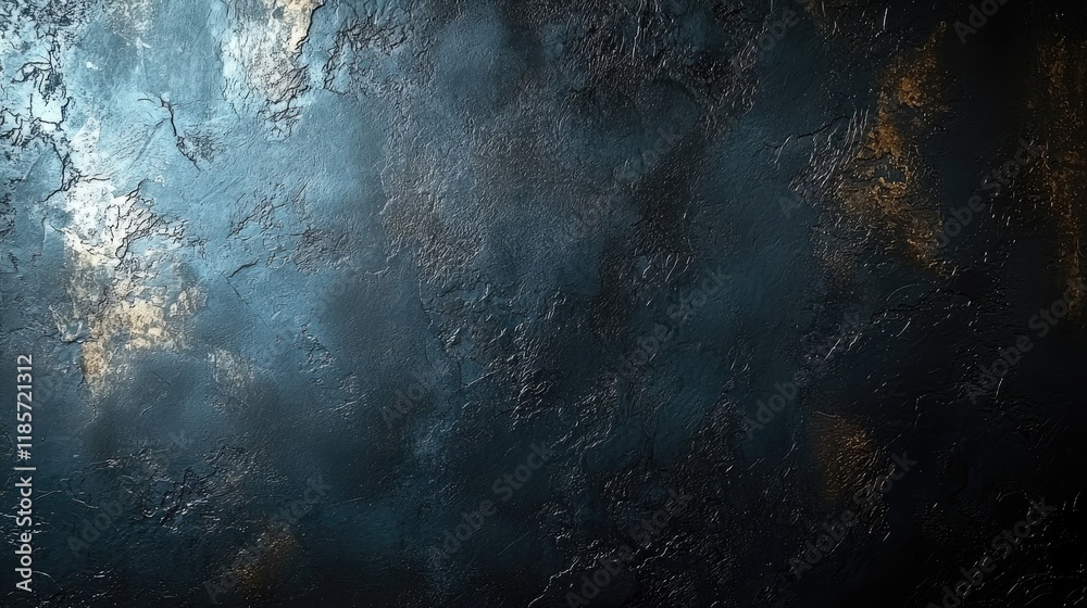 Obraz premium Ethereal Cosmic Texture: Dark Teal, Blue, and Gold Nebula with Scattered Light Particles