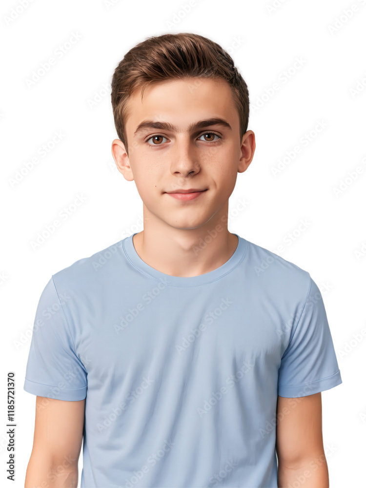 Teenage boy with short, messy brown hair and hazel eyes, a friendly expression. He wears a simple t-shirt and jeans. Teenage boy with short, messy brown hair and hazel eyes, a friendly expression. He wears a simple t-shirt and jeans.