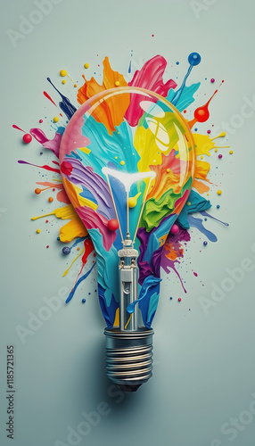 Lightbulb eureka moment with Impactful and inspiring artistic colourful explosion of paint energy. , this image is not based on any original image, character or person, papercraft, with white tones