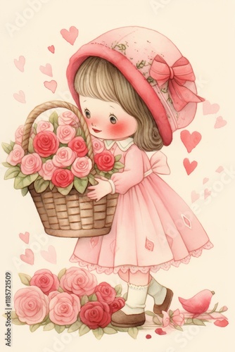 Little girl carrying roses in wicker basket for valentine's day