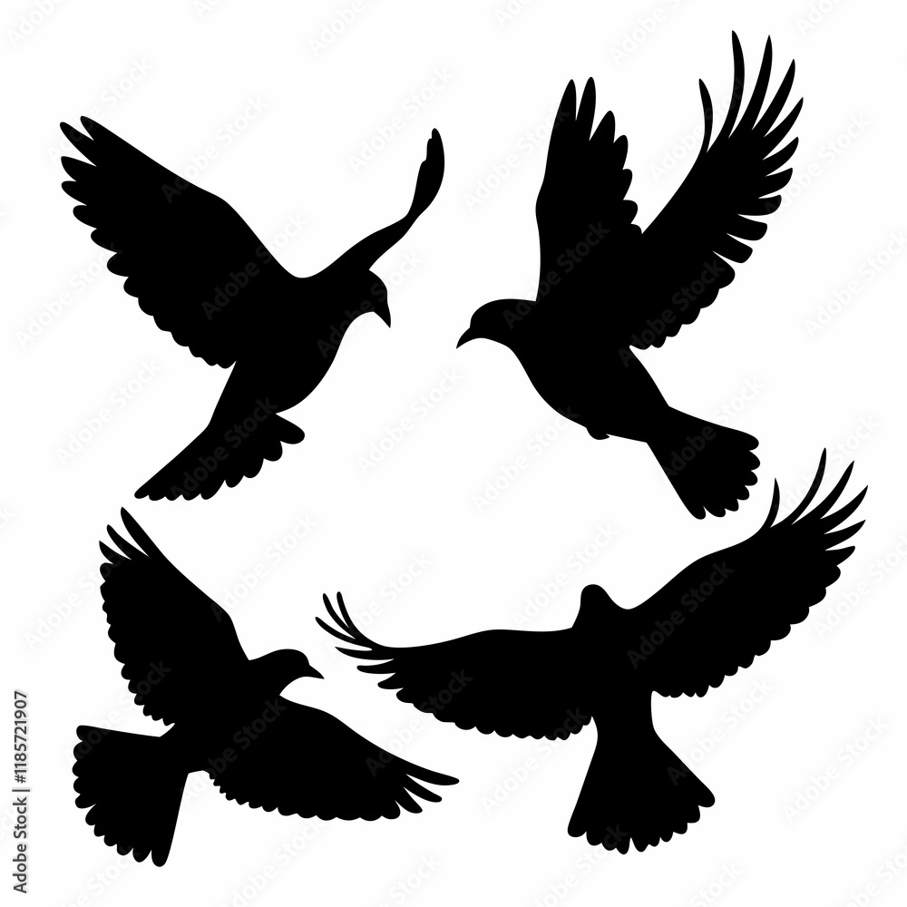 Four birds flying in the sky. They are all black. The birds are in different positions. One is in the middle, and the other three are on the right side Four birds flying in the sky. They are all black. The birds are in different positions. One is in the middle, and the other three are on the right side