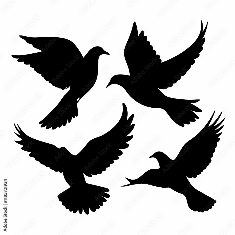Obraz premium Four birds flying in the sky. They are all black. The birds are in different positions. One is in the middle, and the other three are on the right side