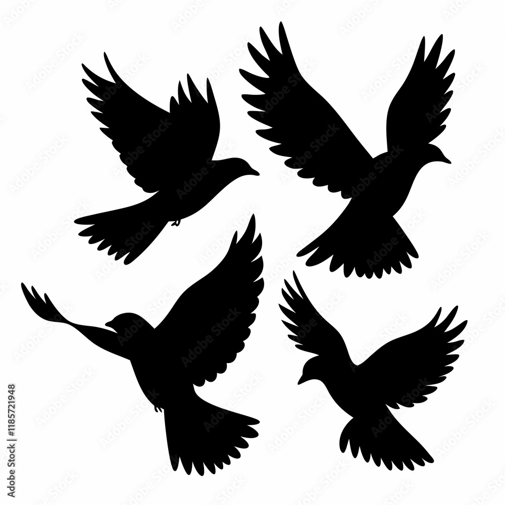 Four birds flying in the sky. They are all black. The birds are in different positions. One is in the middle, and the other three are on the right side