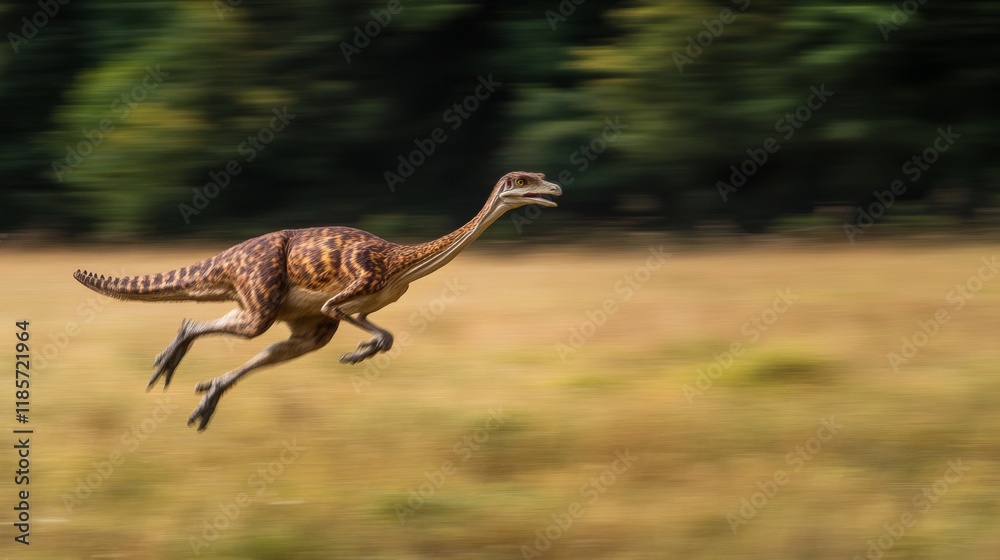 Fototapeta premium A swift dinosaur runs across an open field. This remarkable scene captures the essence of prehistoric life. Imagine the sounds of the ancient world. Generative AI