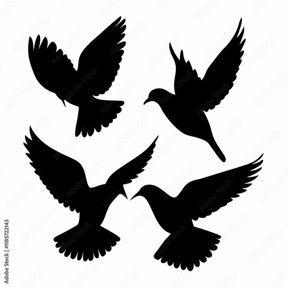 Obraz premium Four birds flying in the sky. They are all black. The birds are in different positions. One is in the middle, and the other three are on the right side