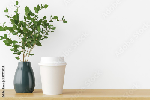 Wallpaper Mural Creating a fresh greeting card mockup scene with a small vase plant and white takeaway coffee cup on a rustic wooden table Torontodigital.ca