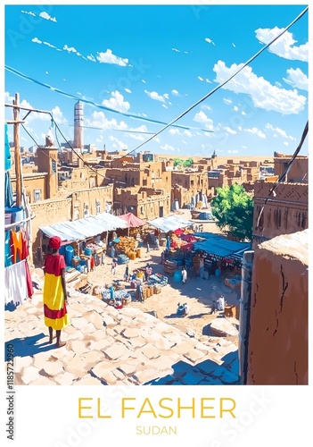 El fasher Sudan Travel Poster Flat Illustration Print Decor Gift Canvas Wall Art Gift photo