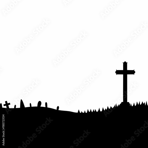 A cross is on a hill with a cemetery in the background. The cross is black and white