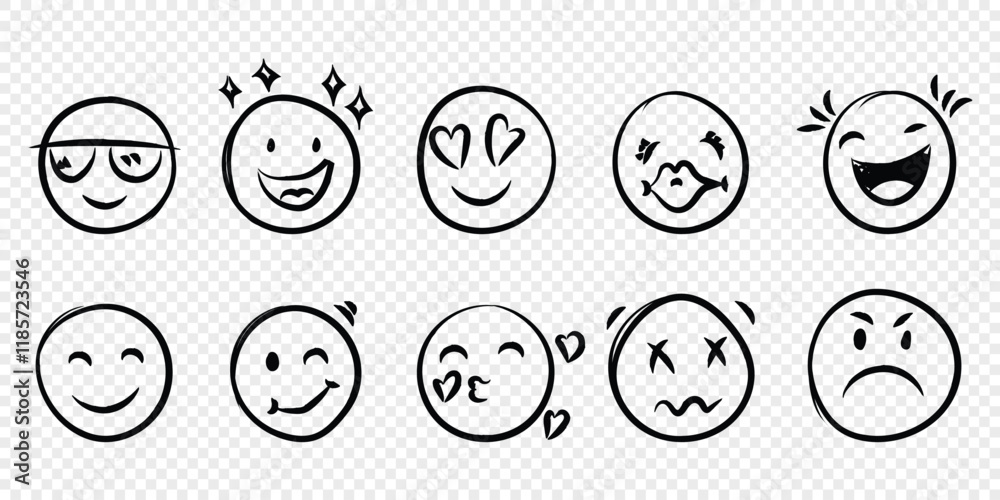 Emojis faces icon in hand drawn style. Doddle emoticons vector illustration on isolated background. Happy and sad face sign business concept. Emojis faces icon in hand drawn style. Doddle emoticons vector illustration on isolated background. Happy and sad face sign business concept.