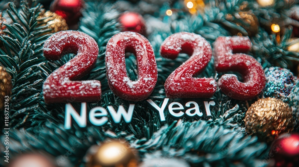 Festive 2025 New Year Composition with Snowy Pine and Ornaments Festive 2025 New Year Composition with Snowy Pine and Ornaments