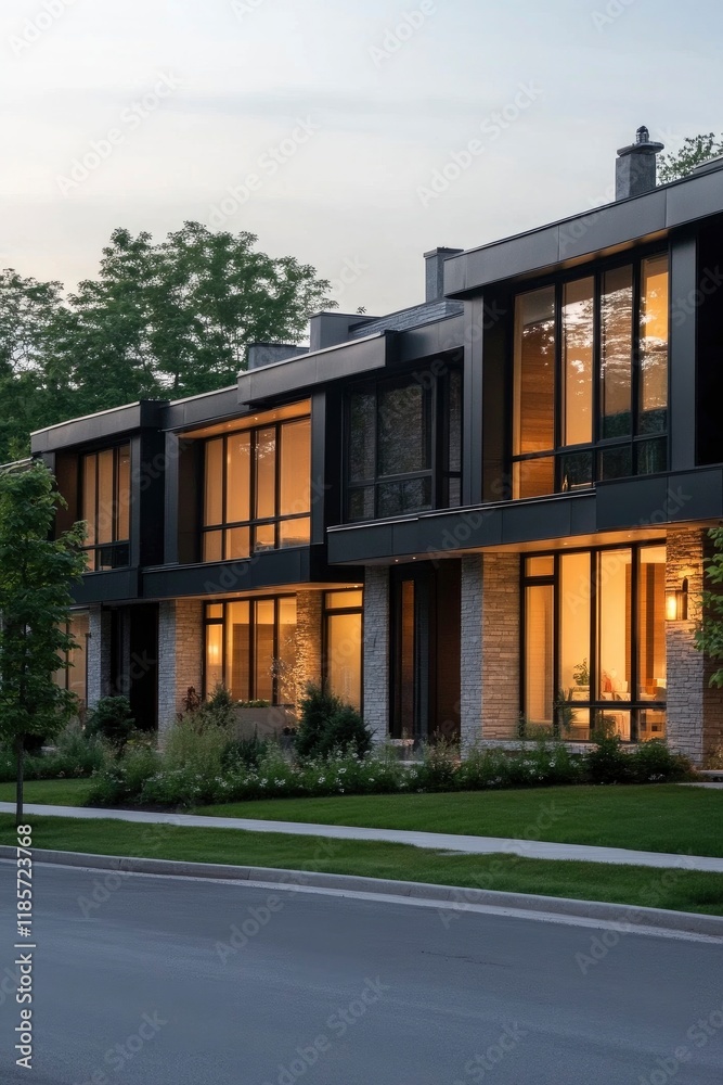 A row of modern townhouses with black panel walls and glass windows, green lawns and path infront of house A row of modern townhouses with black panel walls and glass windows, green lawns and path infront of house
