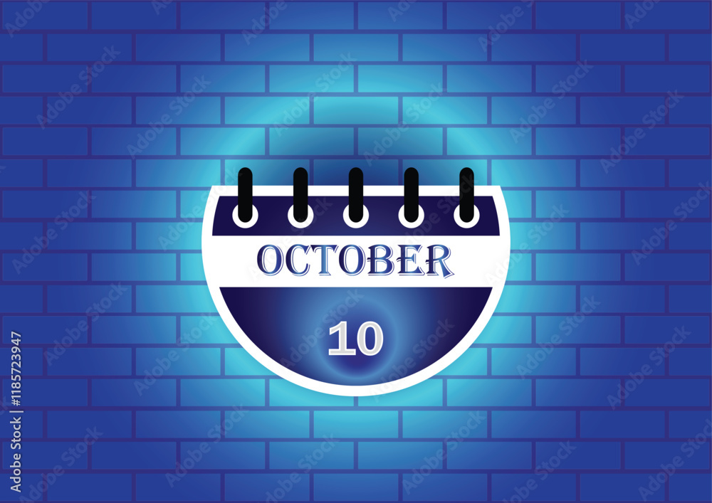 Obraz premium A stylized calendar page for October 10th is displayed against a blue brick wall background. The design is clean and modern, ideal for various uses.