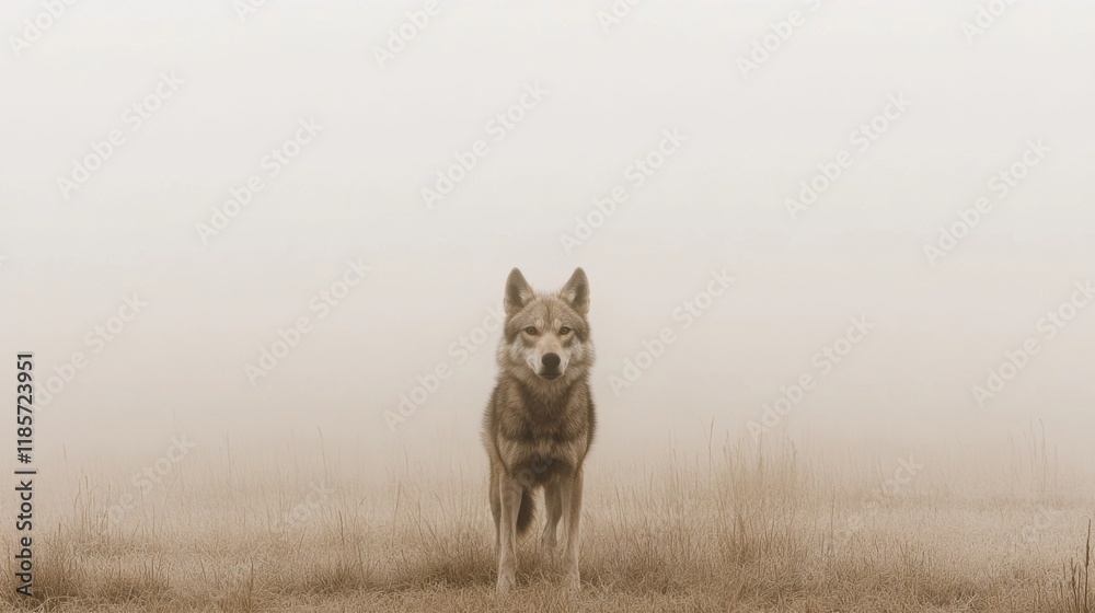 Fototapeta premium Lone wolf standing in foggy field.